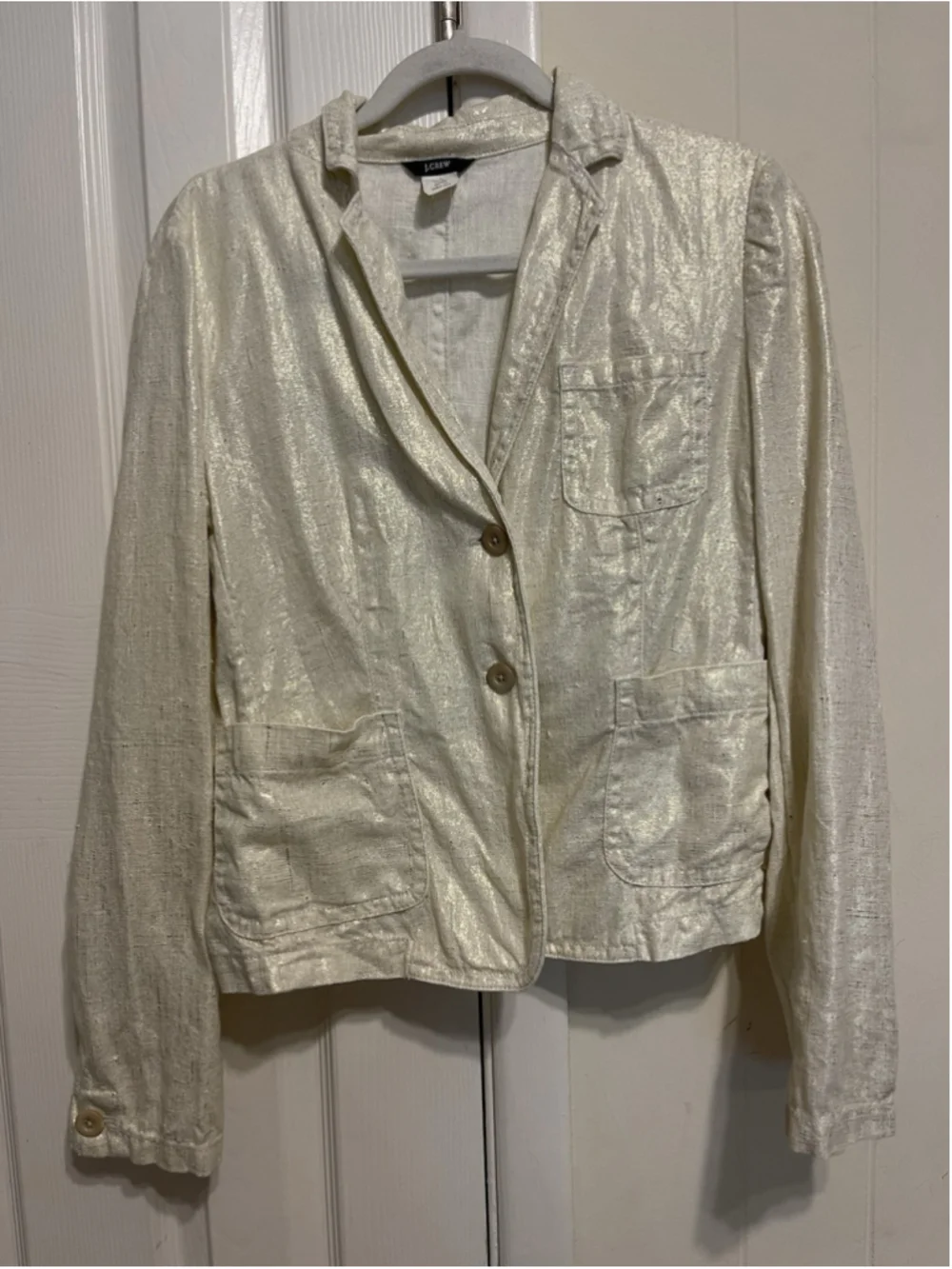 J. CREW 100% Linen Metallic Blazer Jacket Cream Gold Two Button Pockets 10